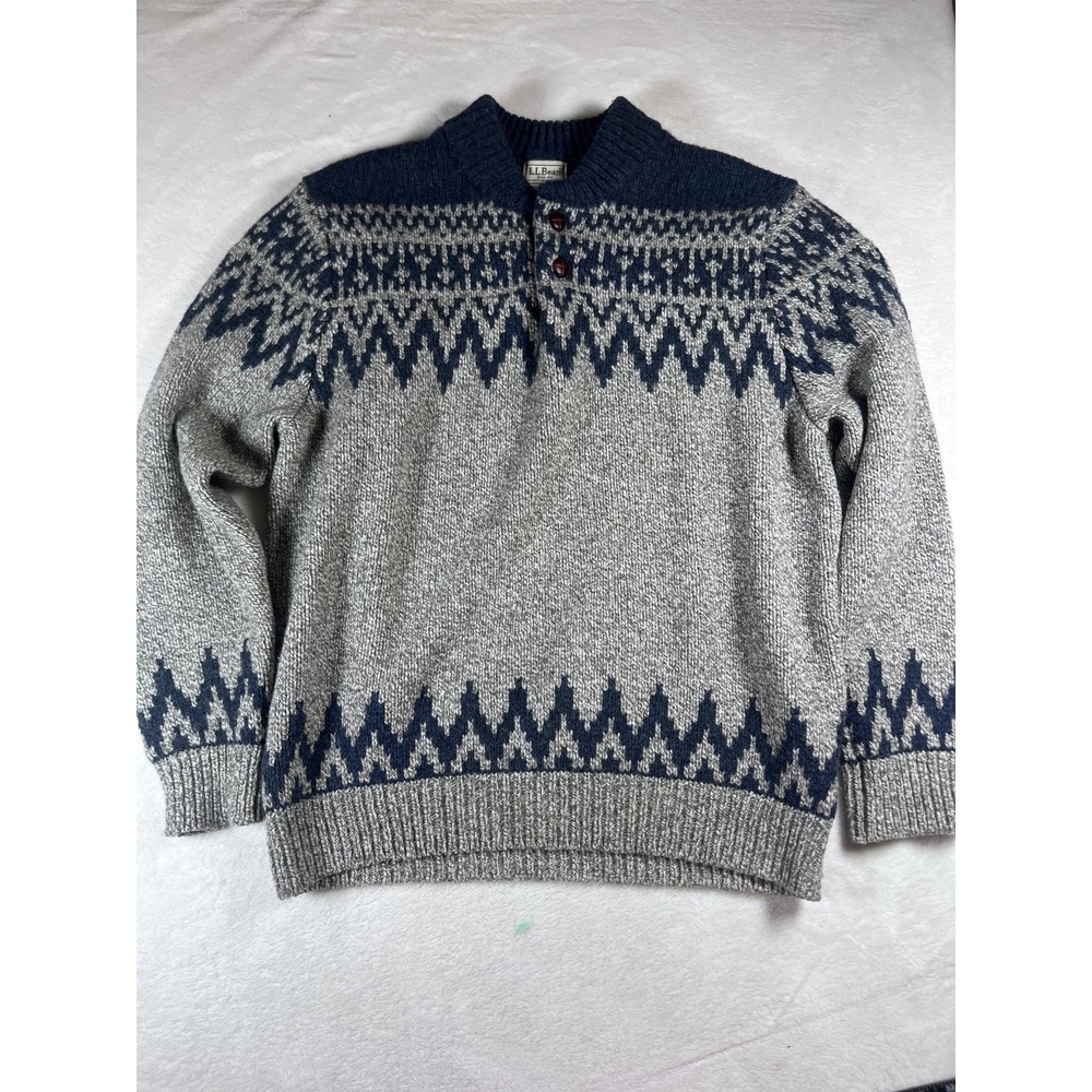 LL Bean 100% Lambswool Fair Isle Nordic Sweater Mens L Gray Blue Wool Pullover